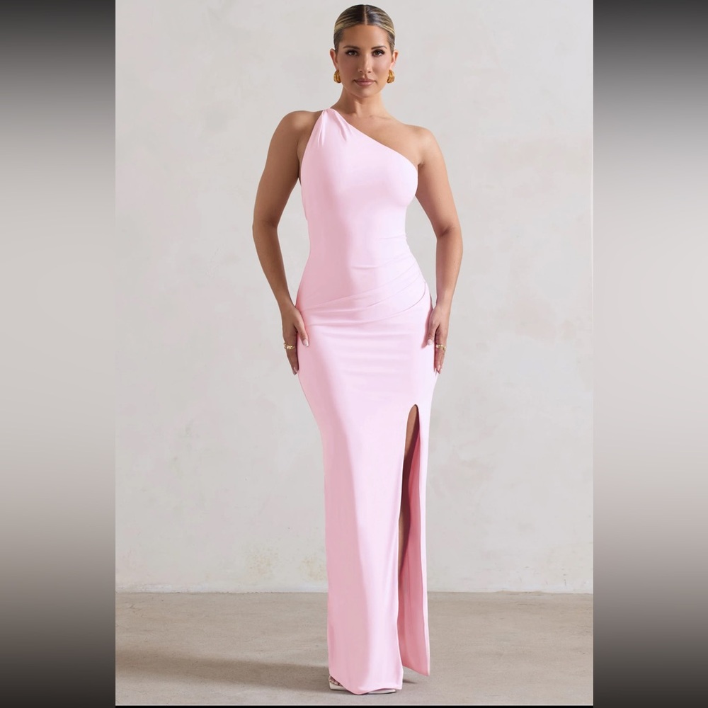 Club L London One-Shoulder Pink Maxi Dress with Thigh Slit
